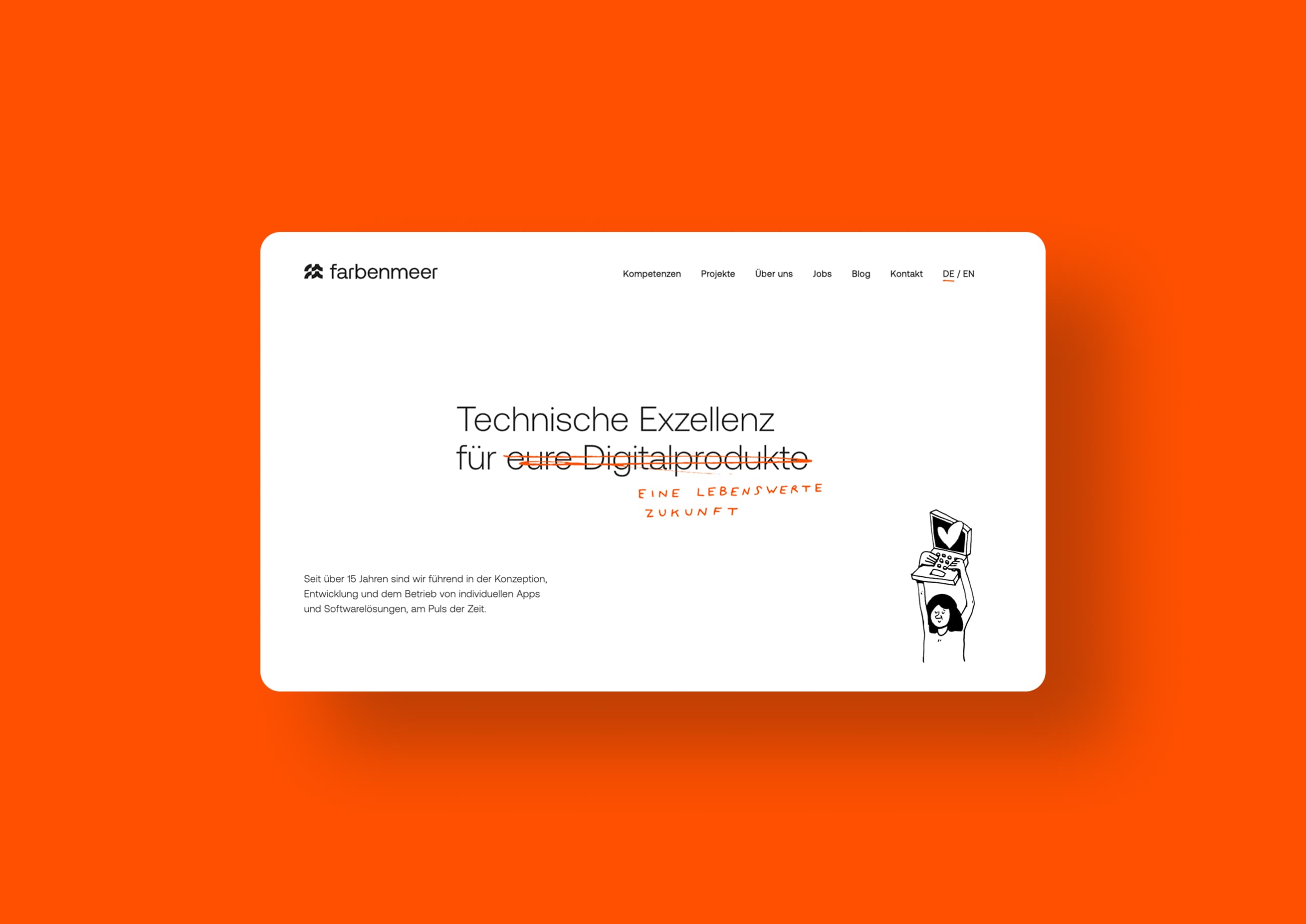 Screenshot der Startseite der farbenmeer-Webseite auf orangenen Hintergrund