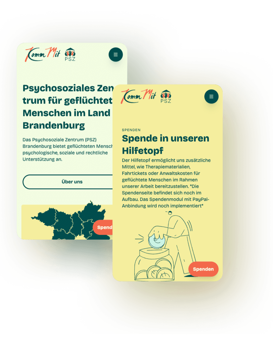 Zwei mobile Screens des Redesigns der KommMit Website