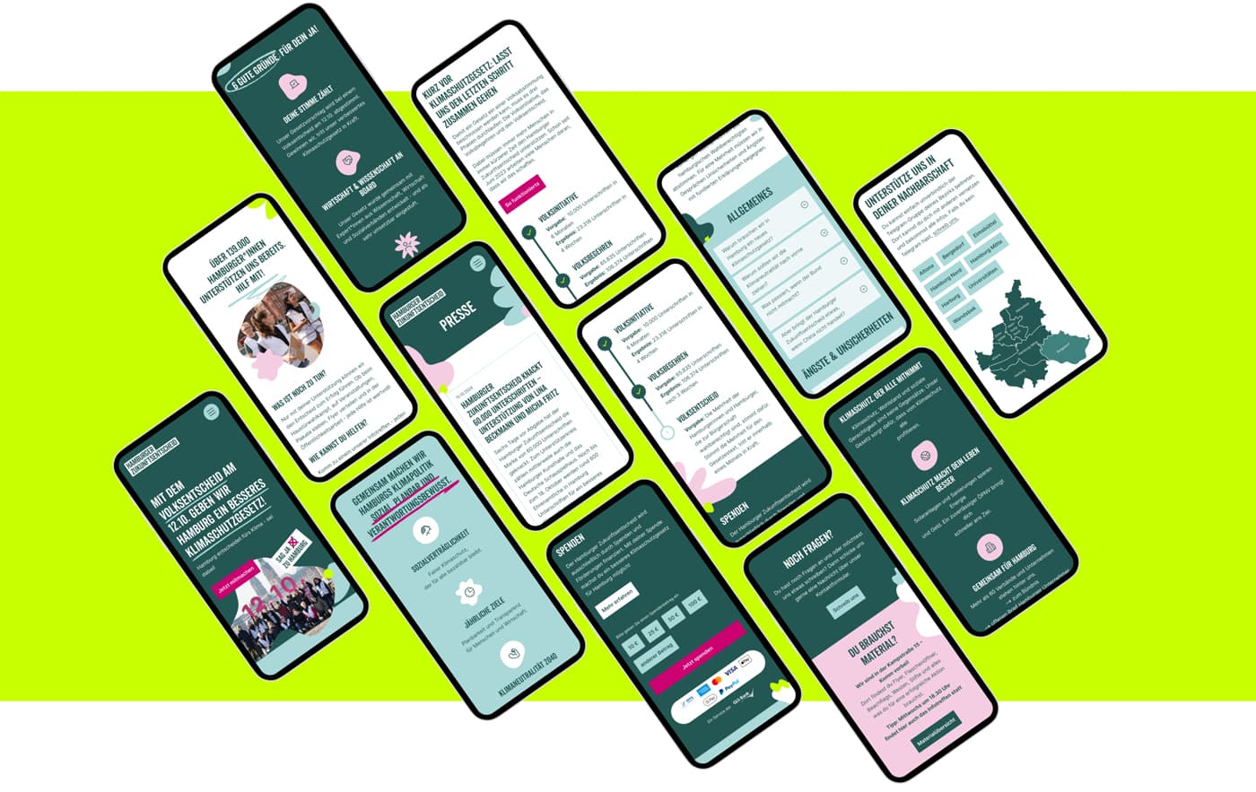 Mockups von 12 liegenden Smartphones die diverse Teile des Redesigns der Webseite des Hamburgerzukunftsenscheids zeigen